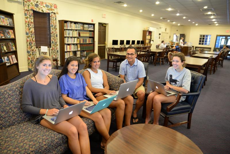 Worcester Preparatory School Director of College Counseling Tony D'Antonio collaborates with Class of 2017 seniors to complete college essays and the Common Application. Shown are (l-r) Regan Lingo, Rehoboth Beach; Lauren Gosnear, Onancock, Va.; Sara Mapp Young, Onancock, Va.; Tony D'Antonio; and Jamie Gittelman, Salisbury, Md. SUBMITTED PHOTO